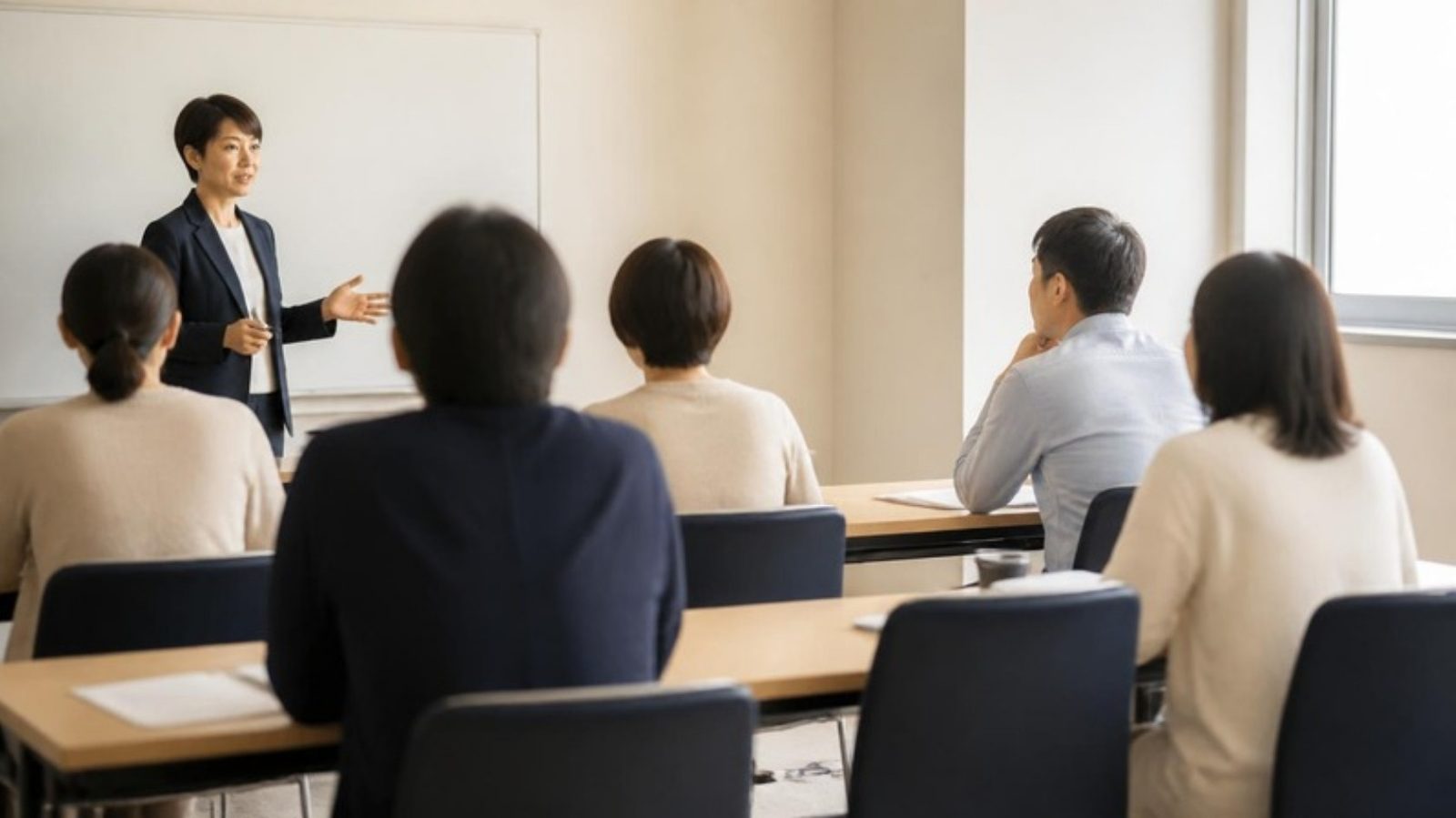 講師の話を聞く少人数の教室