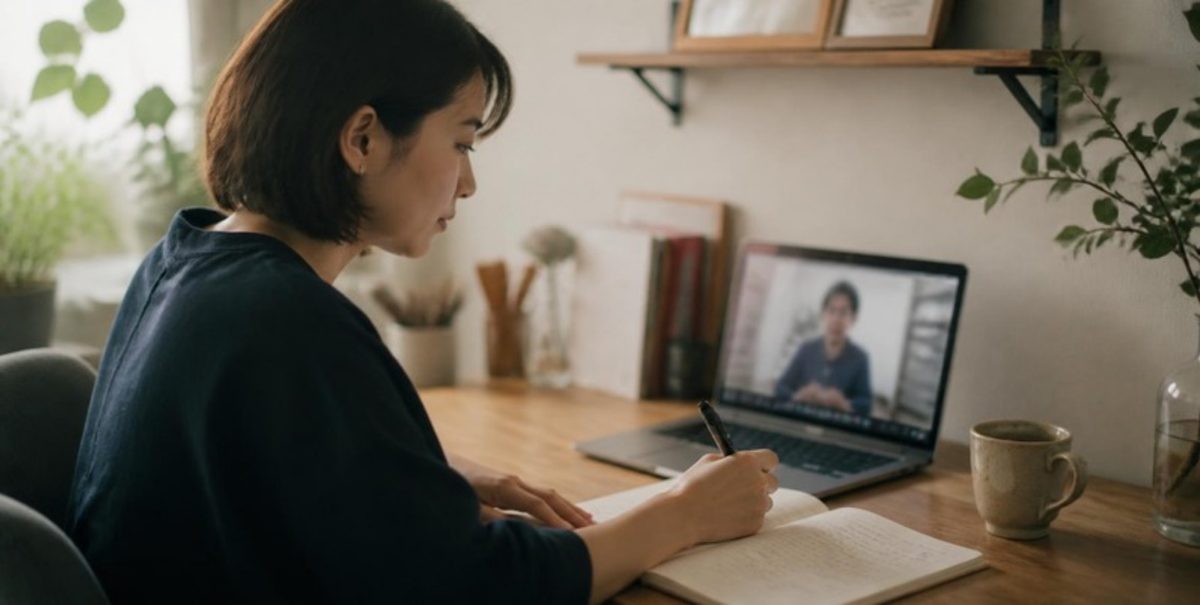 自宅でオンライン講座を受けながらノートを取る人